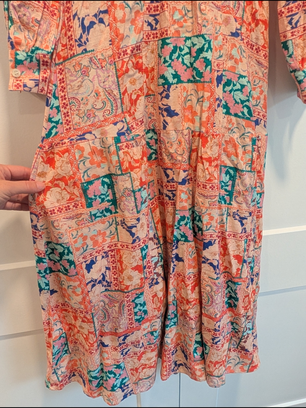 VENUS Women's Coral Floral Patchwork Collared Shirt Dress Linen blend Size 4 - Picture 9 of 11